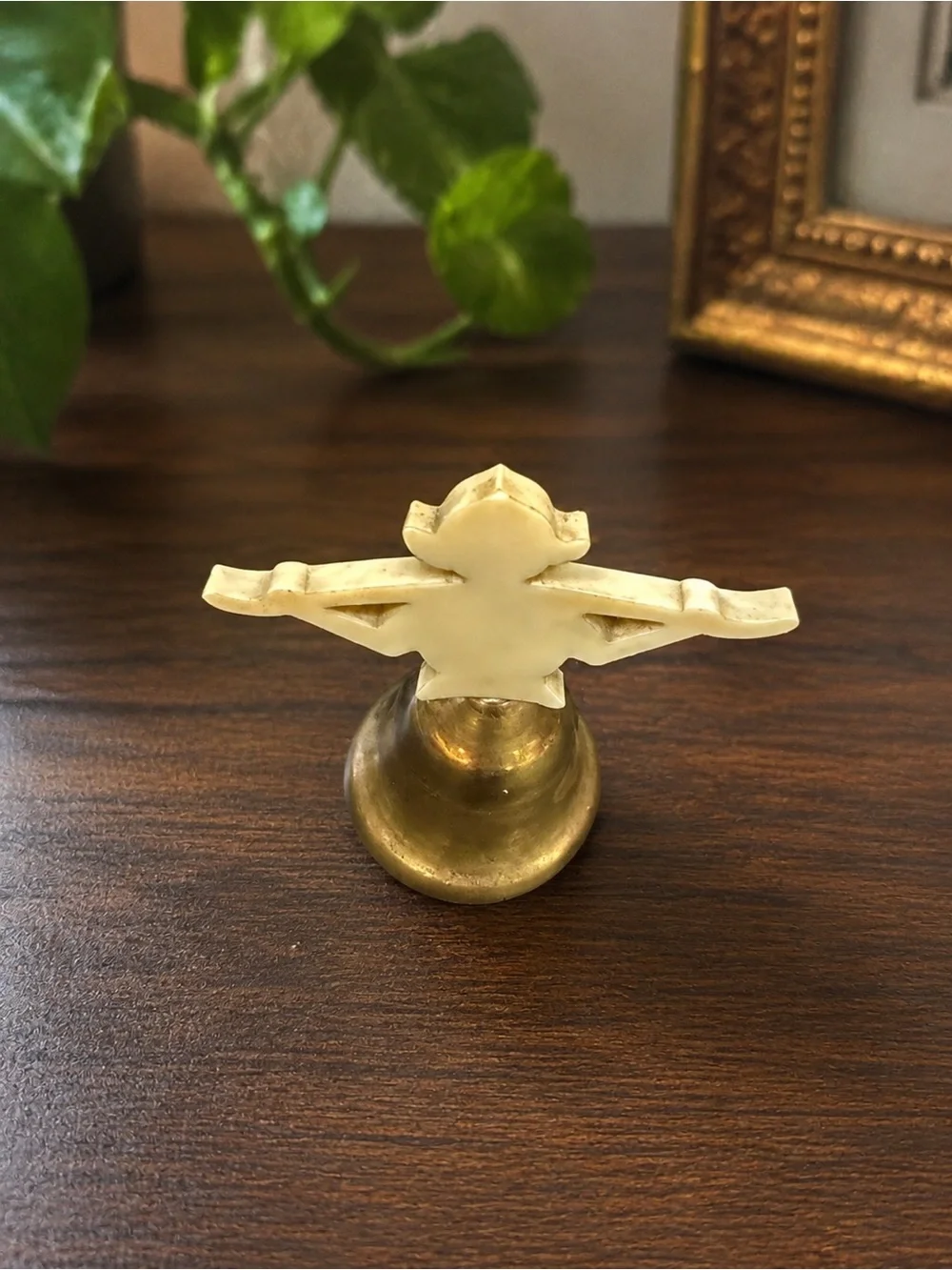 Vintage Brass Bell Cream Lucite Pixie Elf Figure Topper Mid Century Decor